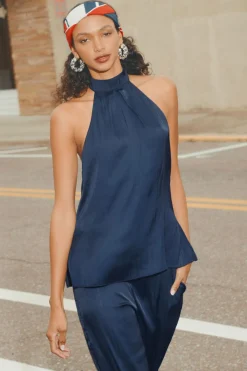 Dynamite Crinkled Satin Halter Top Blue Store