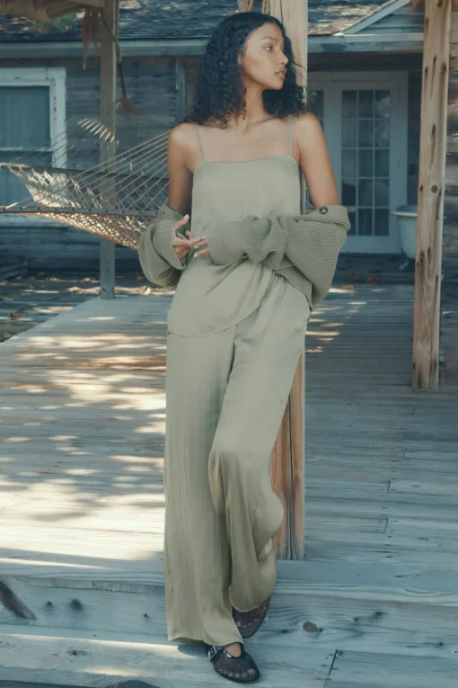 Dynamite Crinkled Wide Leg Satin Pants Green Hot