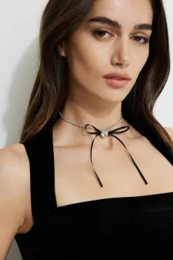 Dynamite Heart & Ribbon Bow Choker Necklace Black Cheap