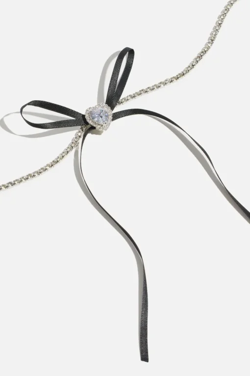 Dynamite Heart & Ribbon Bow Choker Necklace Black Cheap