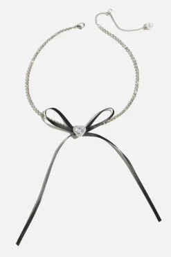 Dynamite Heart & Ribbon Bow Choker Necklace Black Cheap