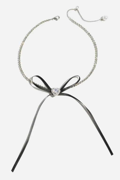 Dynamite Heart & Ribbon Bow Choker Necklace Black Cheap