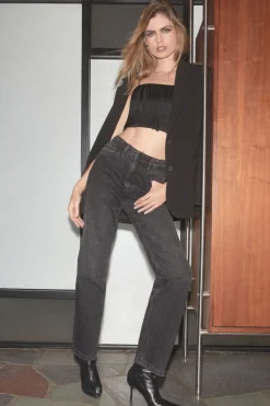 Dynamite Justina Rhinestone Straight Leg Jeans Black New