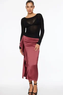 Dynamite Kamila Satin Ruffled Maxi Skirt Burgundy Clearance