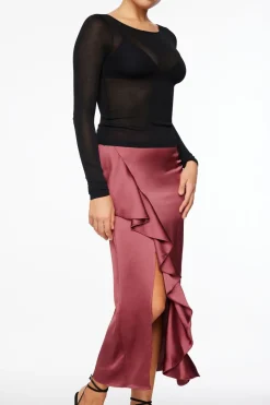 Dynamite Kamila Satin Ruffled Maxi Skirt Burgundy Clearance