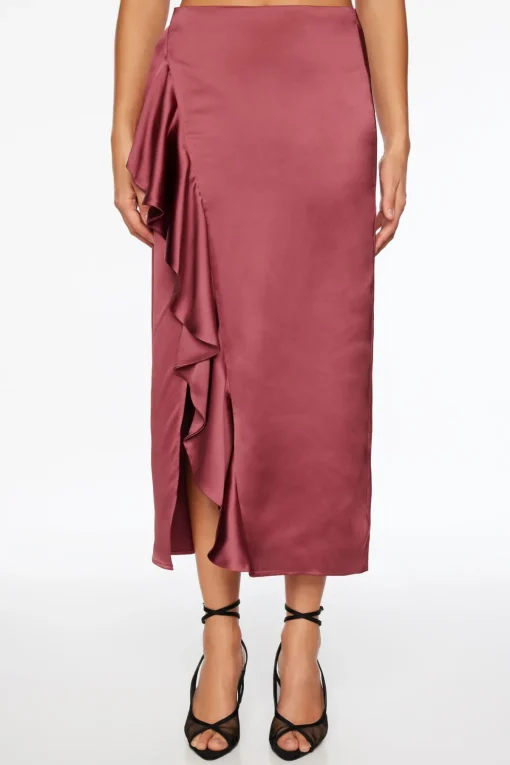 Dynamite Kamila Satin Ruffled Maxi Skirt Burgundy Clearance