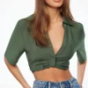 Dynamite Kayla Crinkled Twisted Blouse Green Outlet