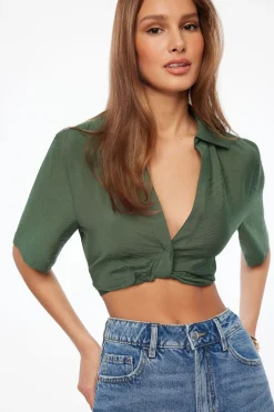 Dynamite Kayla Crinkled Twisted Blouse Green Outlet