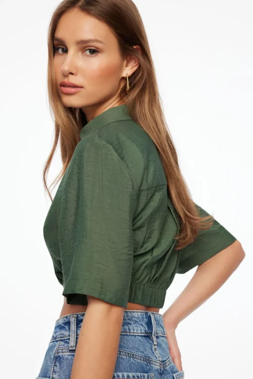 Dynamite Kayla Crinkled Twisted Blouse Green Outlet