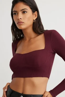 Dynamite Long Sleeve Ribbed Corset Top Burgundy New