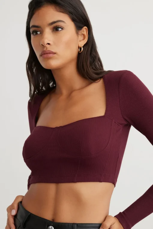 Dynamite Long Sleeve Ribbed Corset Top Burgundy New