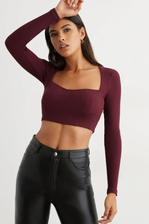 Dynamite Long Sleeve Ribbed Corset Top Burgundy New