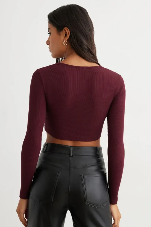 Dynamite Long Sleeve Ribbed Corset Top Burgundy New