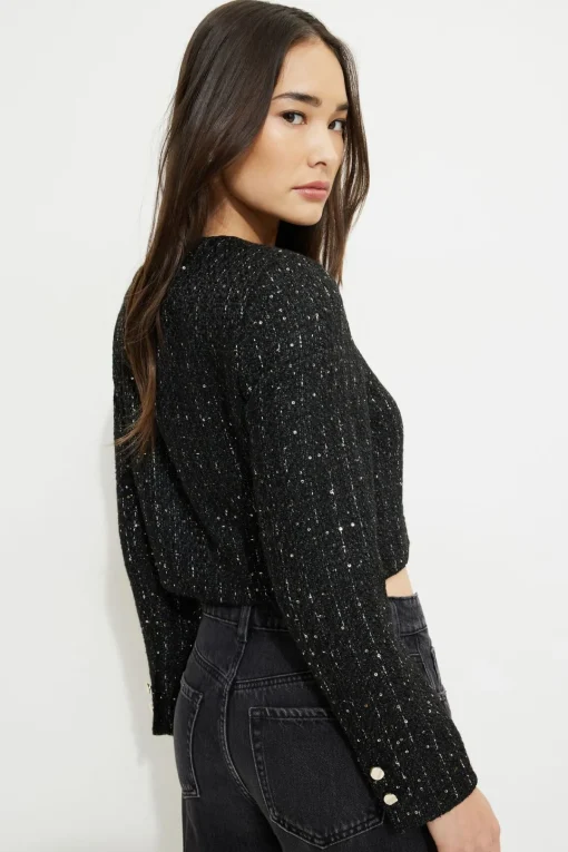 Dynamite Margaux Metallic Tweed Cropped Blazer Black Hot