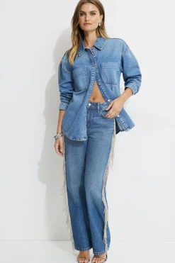 Dynamite Mika Rhinestone Fringe Relaxed Straight Jeans Blue Shop