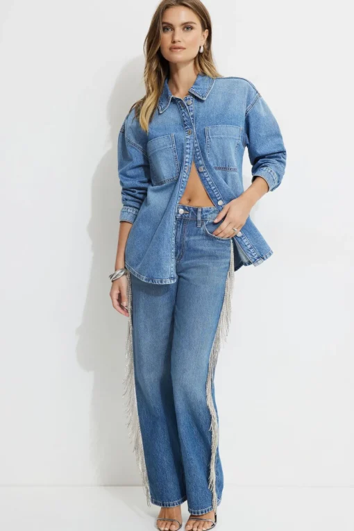 Dynamite Mika Rhinestone Fringe Relaxed Straight Jeans Blue Shop