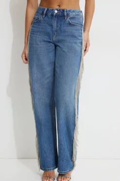 Dynamite Mika Rhinestone Fringe Relaxed Straight Jeans Blue Shop