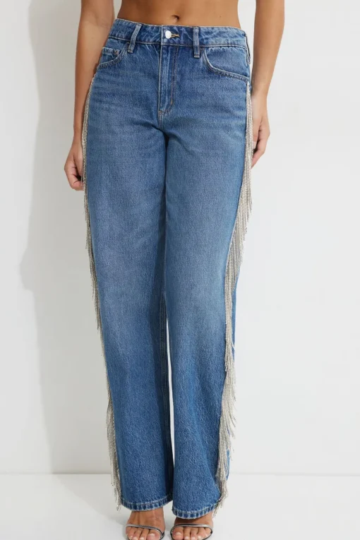 Dynamite Mika Rhinestone Fringe Relaxed Straight Jeans Blue Shop