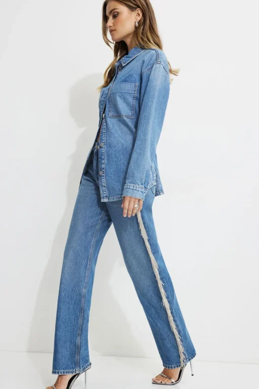Dynamite Mika Rhinestone Fringe Relaxed Straight Jeans Blue Shop