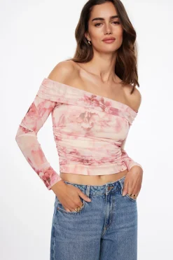 Dynamite Off Shoulder Floral Mesh Top Pink Online