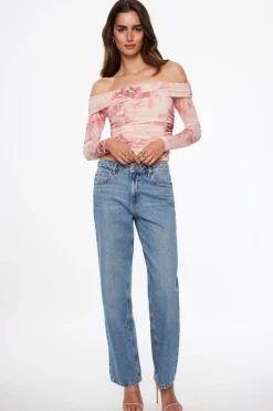 Dynamite Off Shoulder Floral Mesh Top Pink Online