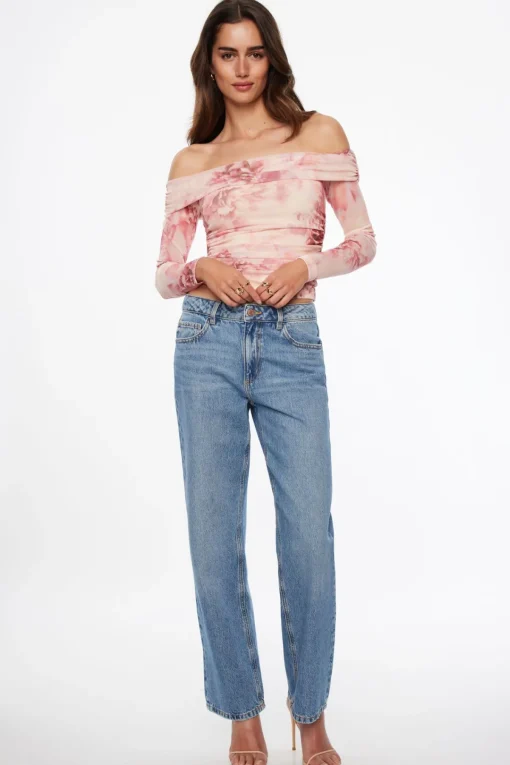 Dynamite Off Shoulder Floral Mesh Top Pink Online