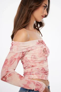 Dynamite Off Shoulder Floral Mesh Top Pink Online