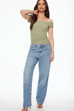 Dynamite Off Shoulder Popcorn Textured Top Green Outlet