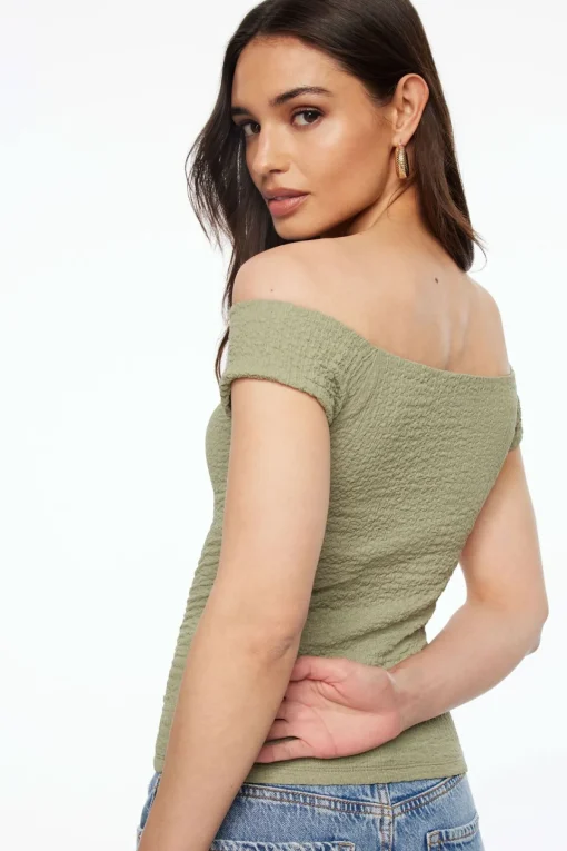 Dynamite Off Shoulder Popcorn Textured Top Green Outlet