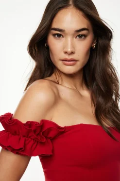Dynamite Off Shoulder Ruffled Top Red Clearance