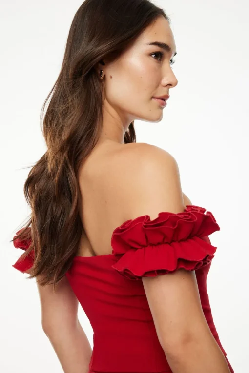 Dynamite Off Shoulder Ruffled Top Red Clearance