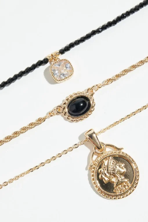 Dynamite 3-Pack Medallion & Glass Bead Necklaces Black Cheap