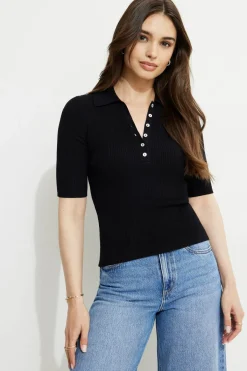 Dynamite Ribbed Quarter Sleeve Polo Black Cheap