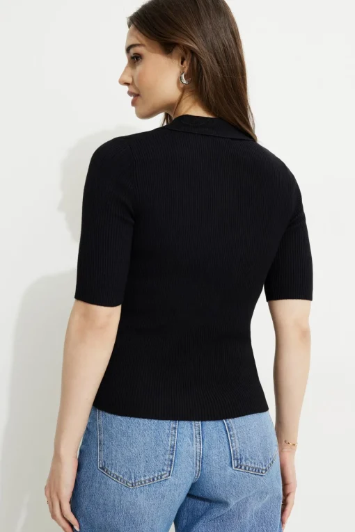 Dynamite Ribbed Quarter Sleeve Polo Black Cheap