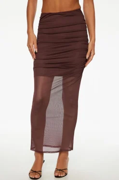 Dynamite Ruched Mesh Maxi Skirt Burgundy Discount