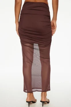 Dynamite Ruched Mesh Maxi Skirt Burgundy Discount