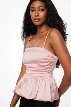 Dynamite Ruched Peplum Satin Top Pink Shop