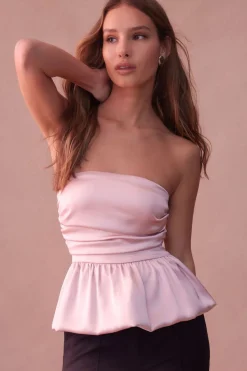 Dynamite Ruched Peplum Satin Top Pink Shop