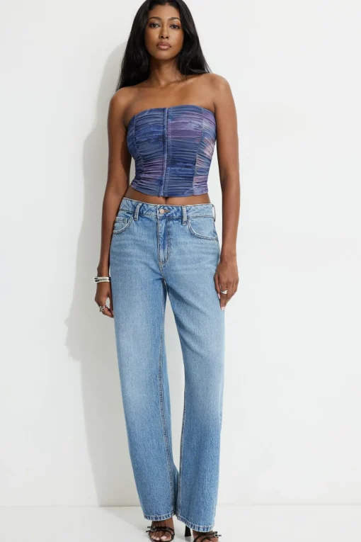 Dynamite Salma Ruched Mesh Bustier Top Blue Clearance