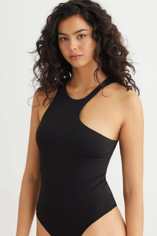 Dynamite Sculpt High Neck Asymmetric Bodysuit Black Sale