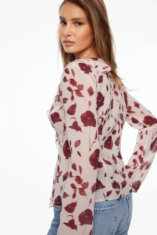 Dynamite Semi Sheer Ruffled Flyaway Top Burgundy Flash Sale