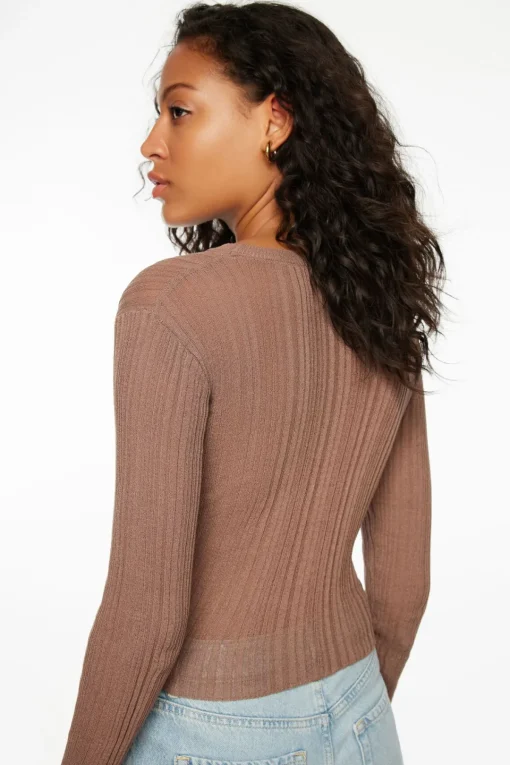 Dynamite Sheer Long Sleeve Sweater Top Gray Fashion