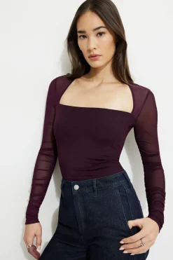 Dynamite Shirred Long Sleeve Bolero Top Burgundy Online