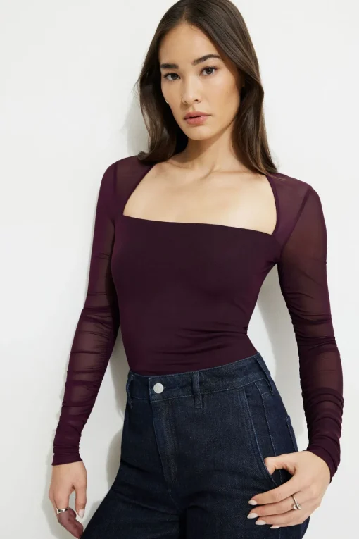Dynamite Shirred Long Sleeve Bolero Top Burgundy Online