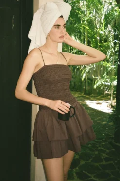Dynamite Smocked Ruffle Mini Dress Brown Best