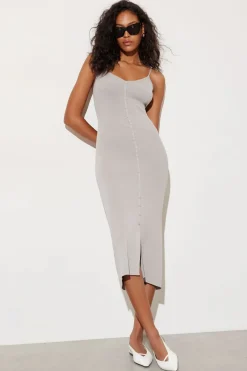 Dynamite V-Neck Button Down Midi Dress Gray Online